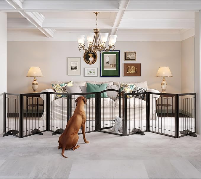 JSB 192-inch Extra Wide 30-inch Tall Dog gate with Door Walk Through,Full Matel Freestanding Pet Gate for Halls, Stairs & Home, Pet Puppy Safety Dog Fence with 4PCS Support Feet (Black)