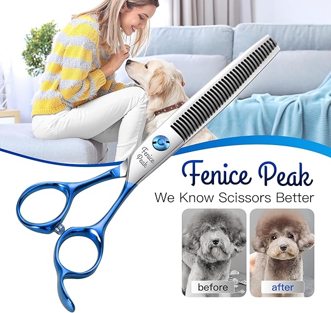 Fenice Peak Grooming Scissors for Dogs 7 inch Thinning Pet Grooming Scissors Ergonomically Designed Blue Handles Ideal Dog Shears for Precise Trimming Easy Use.