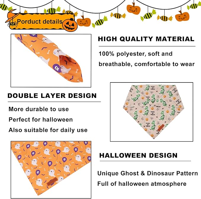 ADOGGYGO Halloween Dog Bandanas, Ghost Pumpkin Dinosaur Pet Scarf, Multi Size, Halloween Bandanas Costumes for Small Dogs (Small)
