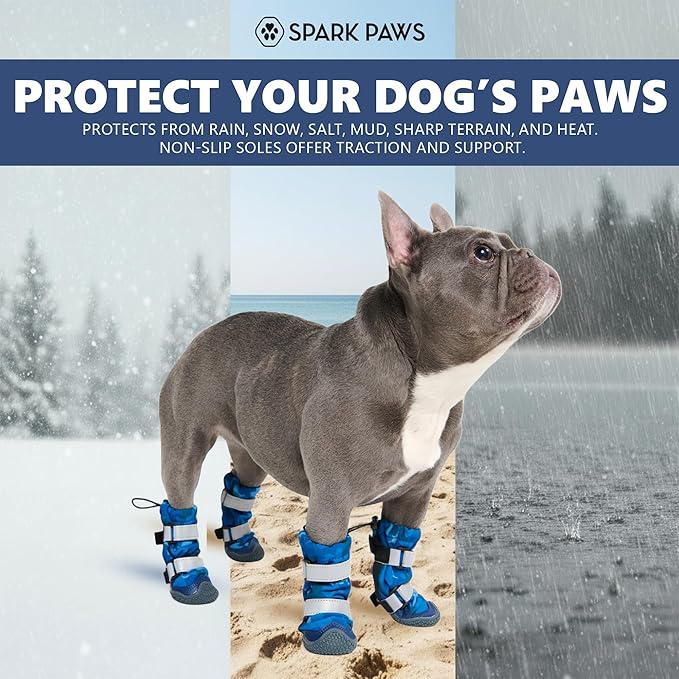 Spark Paws Dog Shoes, Waterproof Dog Boots for Medium to Large Dogs, Non Slip, Breathable Dog Booties and Paw Protectors - 4PCS Doggie Hiking Boots with Reflective Straps, Blue Camo, Size 1