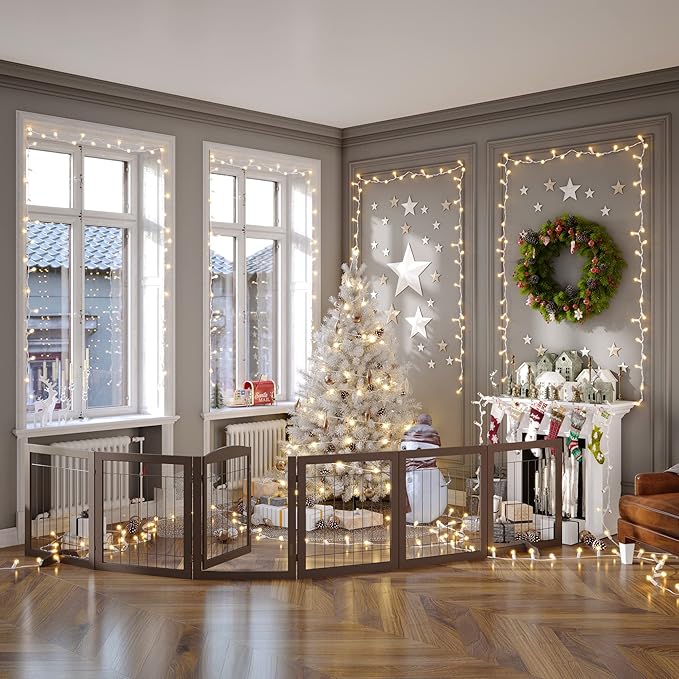 Vantas Folding Pet Gate 144" Wide, 30" Tall No-Assembly Wooden Dog Gate with Door Walk Through, Freestanding Wire Pet Gate, Pet Puppy Safety Fence, with 2PCS Support – Espresso