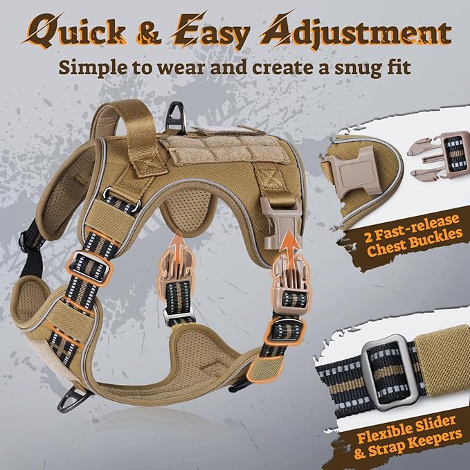 rabbitgoo Dog Harness for Large Dogs No Pull, Tactical Service Pet Vest with Molle and Control Handle, Adjustable and Reflective Military Harness for Easy Walking and Training, Brown, XL