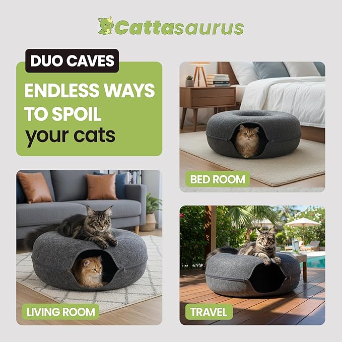 Cattasaurus Peekaboo Cat Cave, Extra Spacious for Multiple & Large Cats 12+ lbs, Scratch Detachable Beds for Indoor Cats, Washable Tunnel Bed, Comfy Cat Donut Tunnel (Dark Gray+Dark Gray, Jumbo)