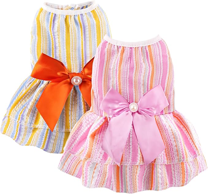 2 Pieces Dog Dress Princess Stripe Pet Dresses for Small Dogs Cute Bowknot Dog Summer Clothes for Dogs Cats Pets Puppy Chihuahua Yorkies