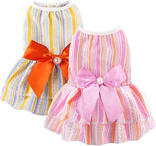 2 Pieces Dog Dress Princess Stripe Pet Dresses for Small Dogs Cute Bowknot Dog Summer Clothes for Dogs Cats Pets Puppy Chihuahua Yorkies