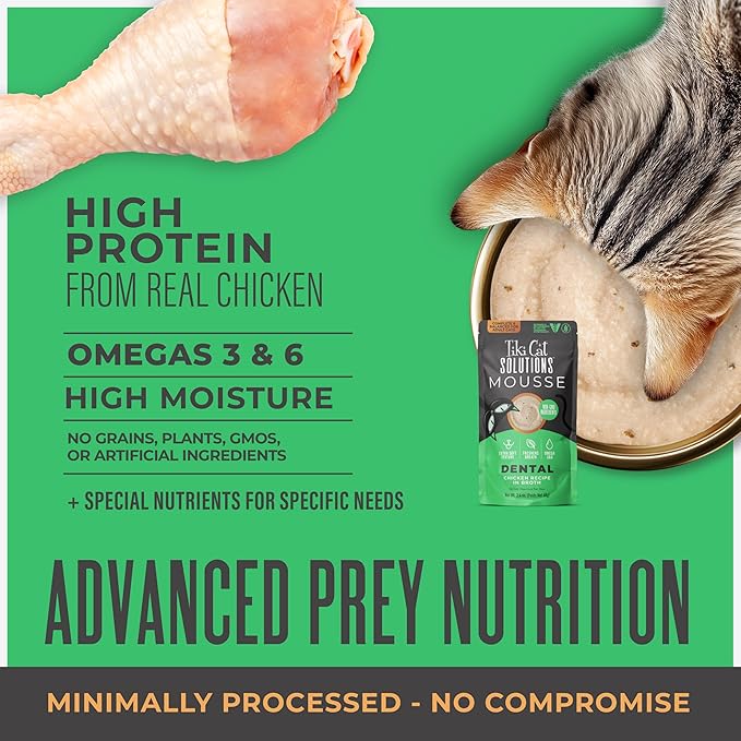 Tiki Cat Solutions Mousse Wet Cat Food, Dental, Chicken Recipe in Broth, 2.4 oz. Pouch (12 Count)