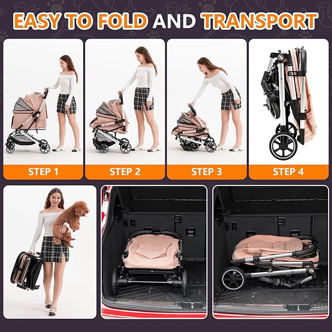 Medium Dog Stroller, Kenyone Pet Stroller for Medium Dogs Up to 55lbs, Lightweight Aluminum Frame, One Click Folding, Large Cat Stroller with No Zip Entry, Detachable Mesh, Multiple Pockets