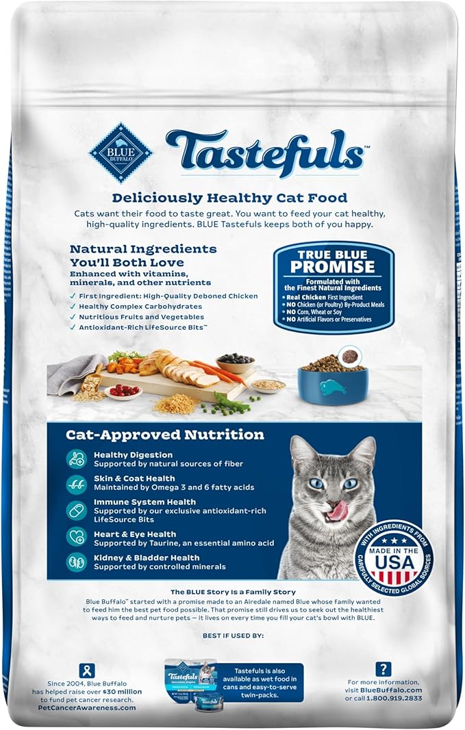 Blue Buffalo Tastefuls Natural Dry Food for Active Adult Cats, Chicken and Brown Rice Recipe, 15-lb. Bag