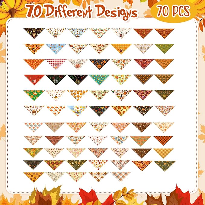 Lasnten 70 Pcs Fall Dog Bandanas Bulk Thanksgiving Dog Bandanas Pumpkin Pet Bibs Scarf for Dogs Triangle Scarf Holiday Costume for Small Medium Large Pet Accessories Grooming Supplies (Harvest)
