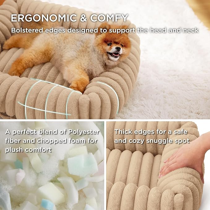 Bedsure Cute Dog Bed for Small Medium Dogs - Washable Furry Puppy Beds, Rectangle Orthopedic Corduroy Fleece Pet Beds with Removable Zipper Cover, 25x21x7inches,Sandy Beige