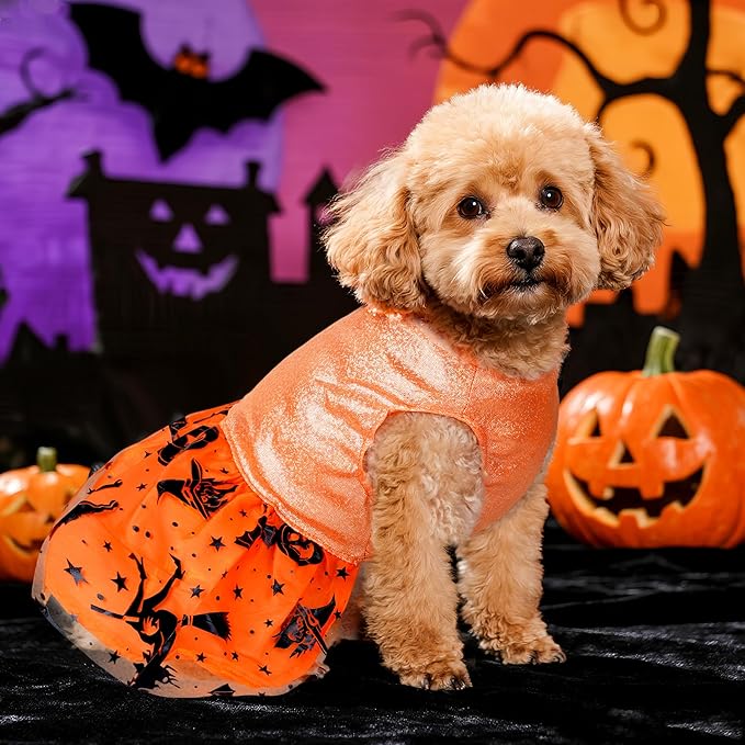 Dog Halloween Costume Dog Dress Witch Tulle Skirt Halloween Pet Clothes for Puppy Small Cats (Orange, X-Large)