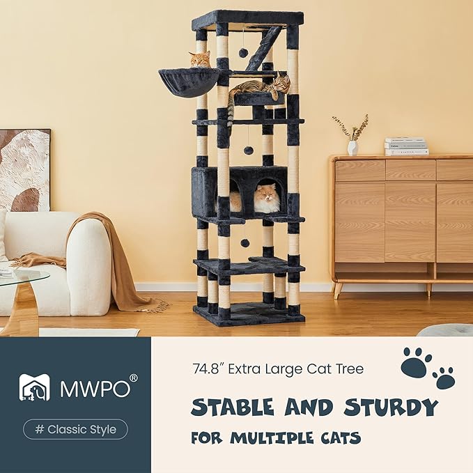MWPO 74.8 inches Large Cat Tree with Sisal-Covered Scratching Posts & Condo, Tall Cat Tower Entertainment Playground Furniture for Cats & Kittens - Multiple Colors-Smoky Gray