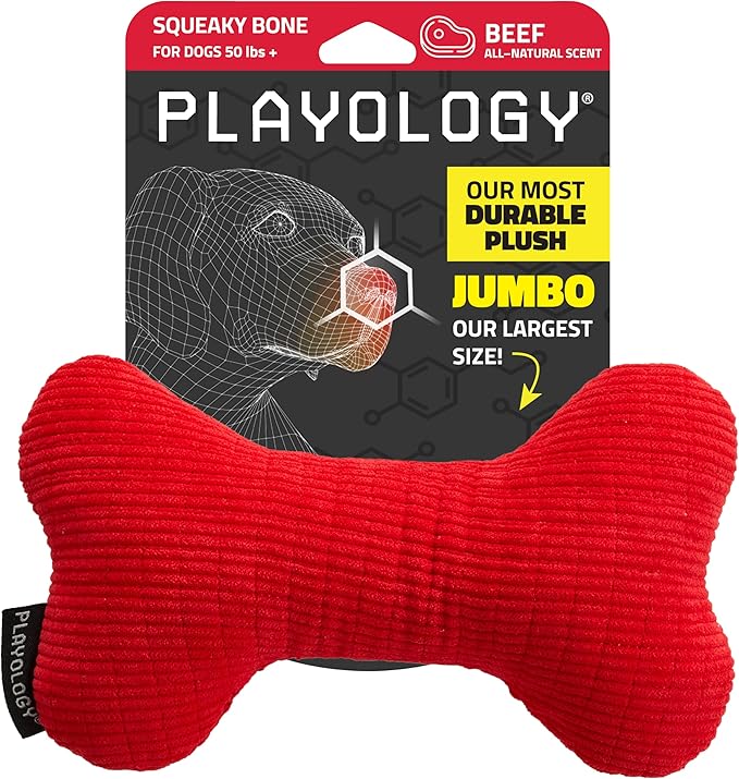Playology Dog Toys | Plush Squeaky Bone Chew Toy for Dogs | Jumbo Beef Scented Toy - Easy to Clean and Made from Non Toxic Materials
