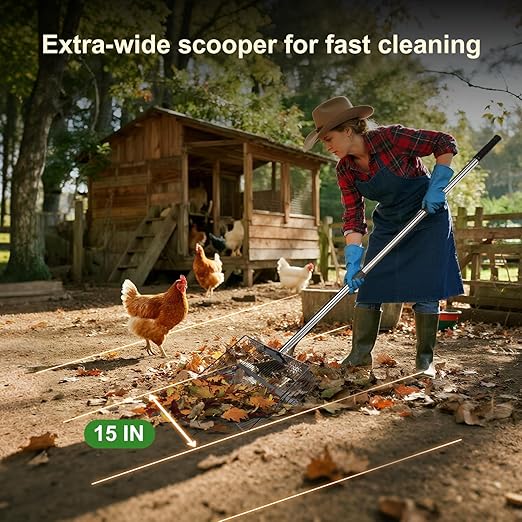 15-inch Large Chicken Poop Scooper with Ergonomic Grip, 5 in 1 Adjustable Chicken Coop Pooper Shovel, Sifting Litter Shovel Scoop for Dog Coop/cowshed‌/Sheep Pen/Pigsty/Stable Cleaning/‌Feed hay