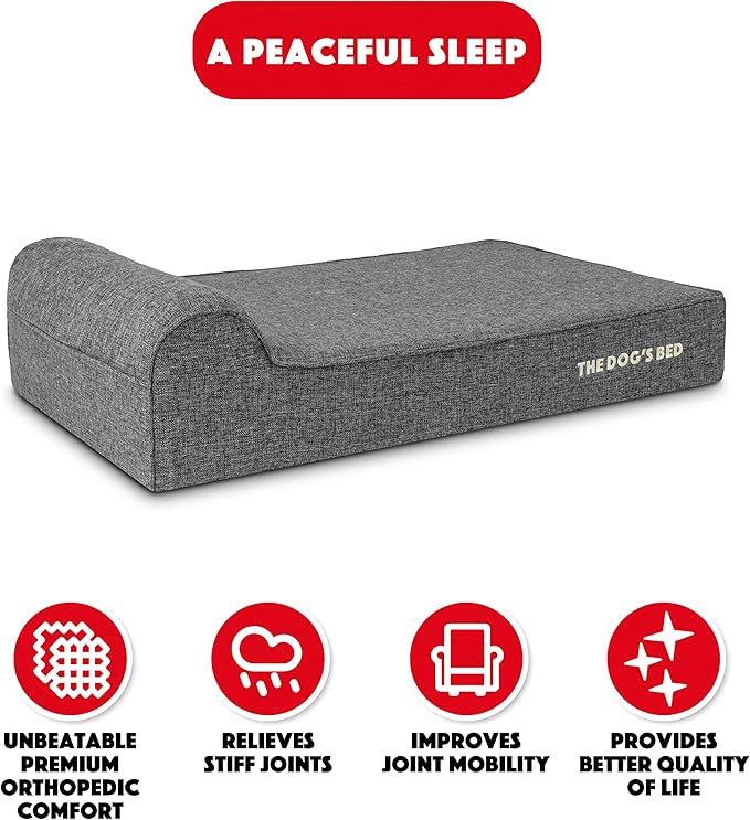 The Dog’s Bed Orthopedic Headrest Dog Bed, Large Grey Linen, Memory Foam, Pain Relief for Arthritis, Hip & Elbow Dysplasia, Post Surgery, Lameness, Waterproof Washable Cover