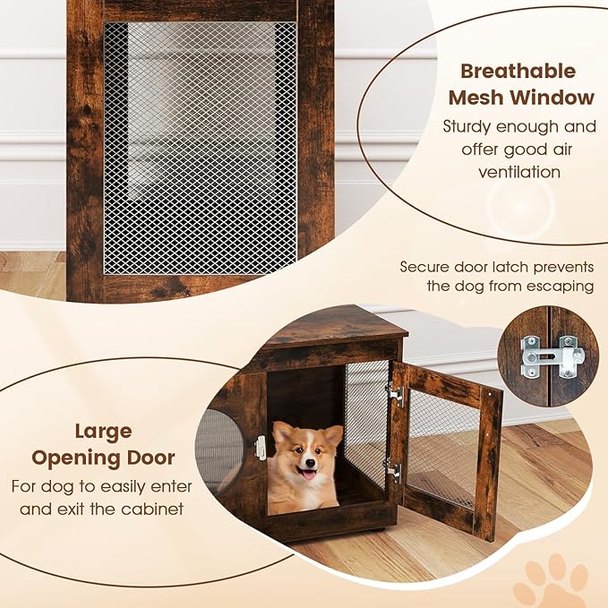 Tangkula Dog Cage Furniture, Chew-Proof Wooden Dog Crate with Metal Mesh Side Wall, Lockable Door, Translucent Window, Industrial Pet Kennel Indoor Furniture for Small & Medium Dogs (Rustic Brown)