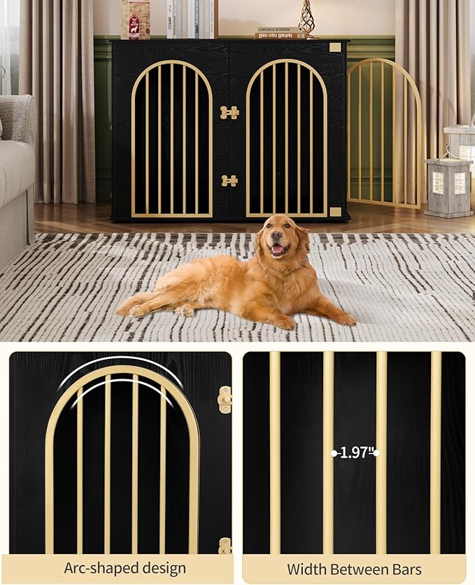 44.1" Wooden Dog Crate Furniture, Indoor Dog Kennel Dogs Cage for Small/Medium/Large Dogs, Heavy Duty Dog Crates Decorative Pet House End Side Table TV Stand, Black Gold DFC83904A