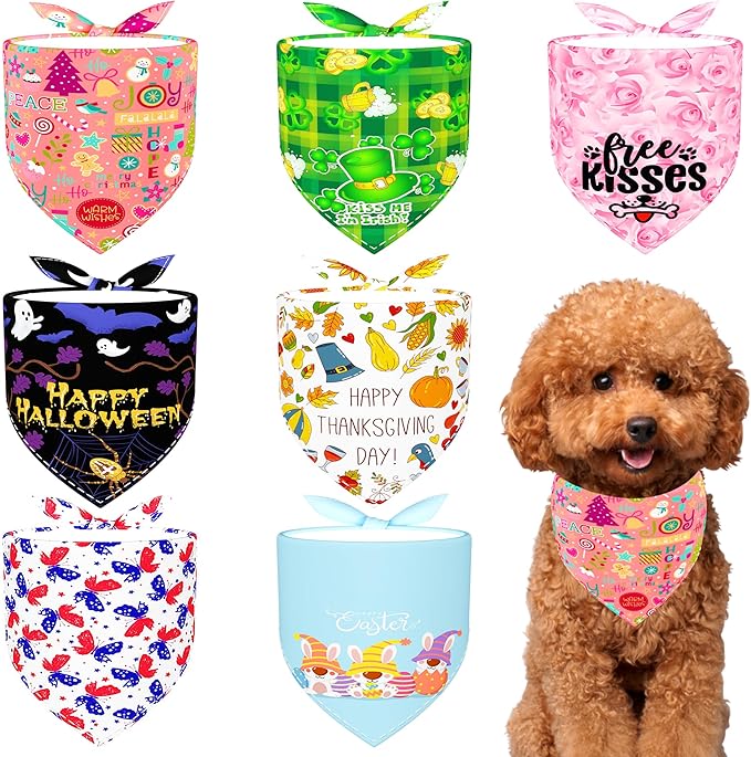 7 Pcs Holiday Dog Bandanas for Small Dogs Cats Stitching Edge Holiday Dog Bandana Halloween Puppy Scarves Grooming S