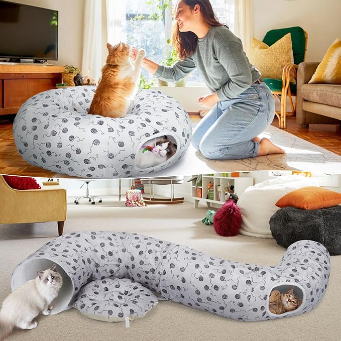 Ownpets Large Cat Tunnel Bed for Indoor Cats, Soft Plush Cat Donut Tunnel with Washable Cushion for Kitten, Puppy, Rabbit, Gray
