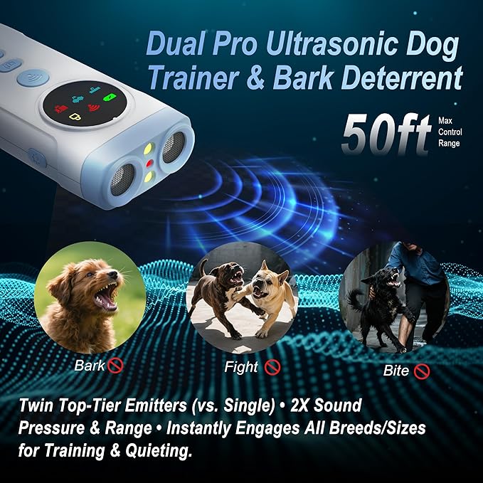 Dog Bark Deterrent Device-2X High-Power Emitters | Anti Barking with 5 Training Modes, 50ft Range, 1500mAh Battery, LED Display, Shock Collar Alternative, Safe Ultrasonic Bark Shield for Dogs (Blue)