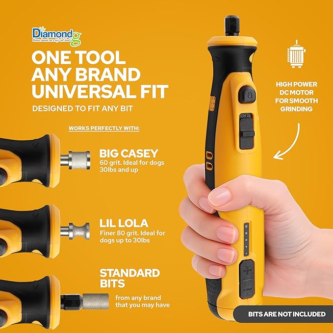 Diamondg Cordless Dog Nail Grinder with Quiet Sound & LED Tip for Large & Small Dogs, 4hrs. Runtime, 2 Bits Included, Orange