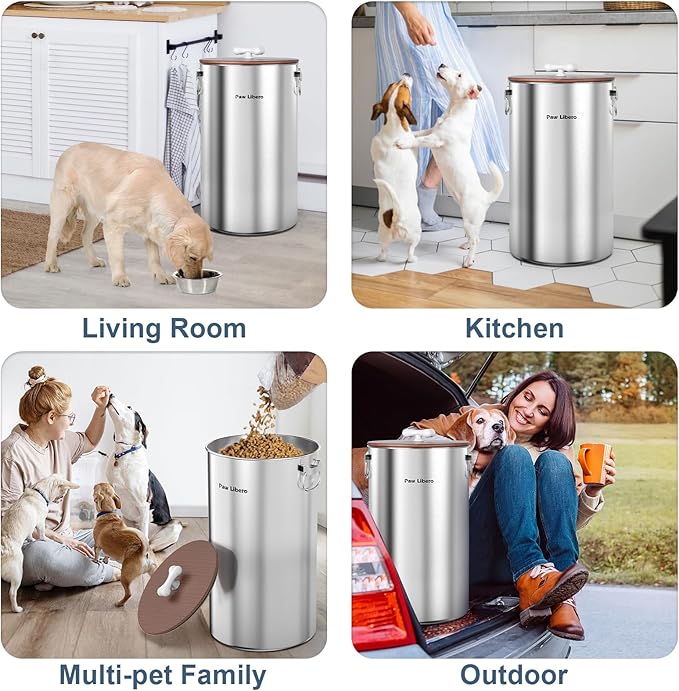 35 Lbs Stainless Steel Dog Food Storage Container with Airtight Wooden Lid & Ceramic Bone Handle, Large Metal Dog Food Bin, Pet Treat Jars for Dogs & Cats, Keep Fresh, Easy to Clean