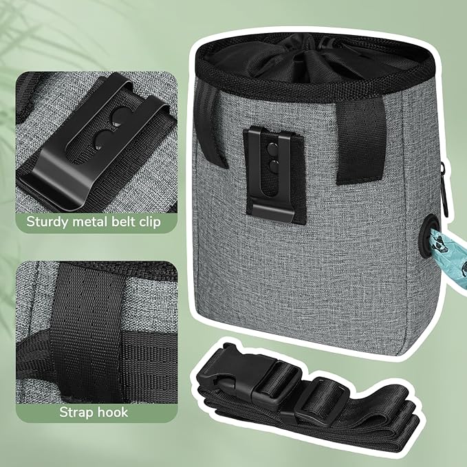 Upgraded large-sized Dog Treat Pouch with waist clip - Fashionable Green&Grey Design - Large Capacity Dog Treat Bag for Dog Walks,Outdoor Activities, Travel and Training - Includes 1 Poop Bags
