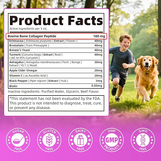 Liquid Collagen for Dogs Skin Comfort & Calming, Dog Itch Relief & Anti-Scratching & Coat Supplement with Biotin for Skin Barrier & Sensitive Immune Health Support - Beef Flavor, 2 FL.Oz