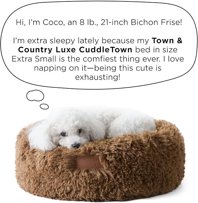 TOWN & COUNTRY LUXE CuddleTown Fuzzy Solid Donut Pet Bed, Soft, Cozy & Calming, Non-Slip Bottom, 100% Machine Washable, Brown, XS 19"x19"x7" Round