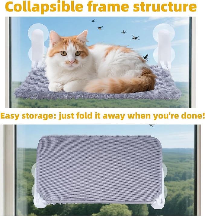 Cat Window Perch, Cordless Foldable Cat Hammock Bed with 4 Suction Cups, Embeded Machine Washable Bed for Indoor Cats, Strong Metal Frame Holds 40lbs (Grey)