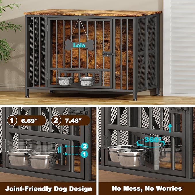 Easycom Foldable Large Dog Crate Furniture, 41.3" Assembly-Free Dog Crates for Large Dogs, Wooden Dog Kennel Indoor with Tag & Dog Bowls, Dog Cage Use as TV Stand, Rustic Brown