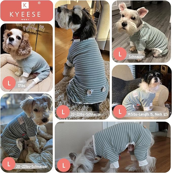 KYEESE Dog Pajamas Stretchable 4 Legs Doggie Jammies Striped Jumpsuit Lightweight Onesie Puppy Pajamas Cozy Outfit Comfortable Dog Clothes Hair Shedding Cover Pet Sleepwear, Green Striped, Medium