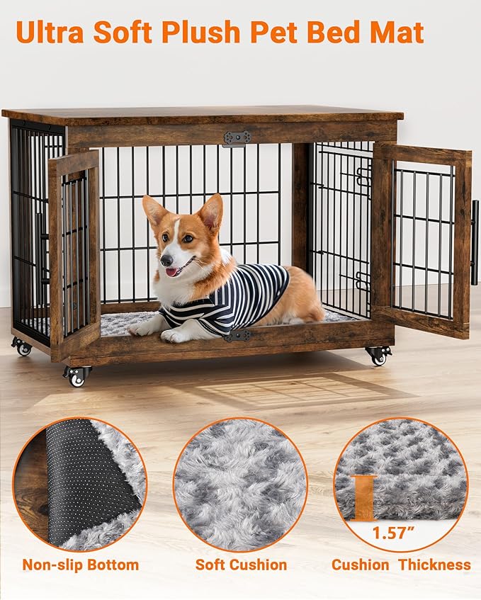 Dog Crate Furniture with Cushion Set of 2, Wooden Dog Kennel Indoor with Wheels & Double Doors, Dog Cage Side End Table for Medium Small Dogs up to 45 lb, 32.5” L, Rustic Brown