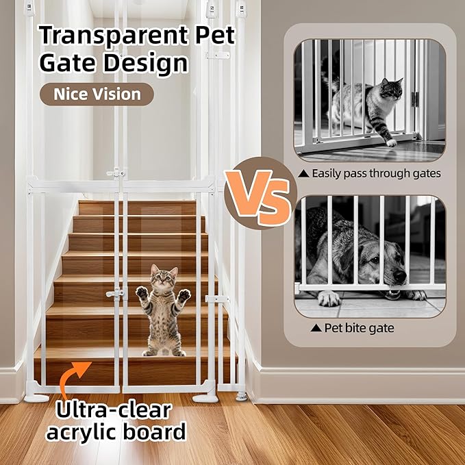 Extra Tall Pet Gate Indoor 74.80-98.43'' High, Clear Dog Gate Acrylic 33.86-41.34 Wide Cat Door, Auto Close No Drilling Cat Proof Safety Gate for Doorways Stairs House- White