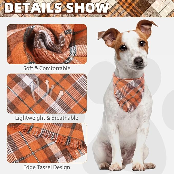 KOOLTAIL Thanksgiving Fall Dog Bandanas 4 Pack - Soft Breathable Washable Plaid Pet Scarf Bibs Kerchief, Dog Autumn Costume, Holiday Triangle Towel for Girl Boy Small Medium Large Dogs Cats, Orange L