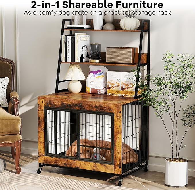 Giantex 38" Dog Crate Furniture with Storage Shelves, Wooden Dog Kennel End Table with Flip Top, 3 Doors, Wheels & Pull-Out Tray, Chew-Resistant Indoor Pet Crate House for Large Dogs, Rustic Brown