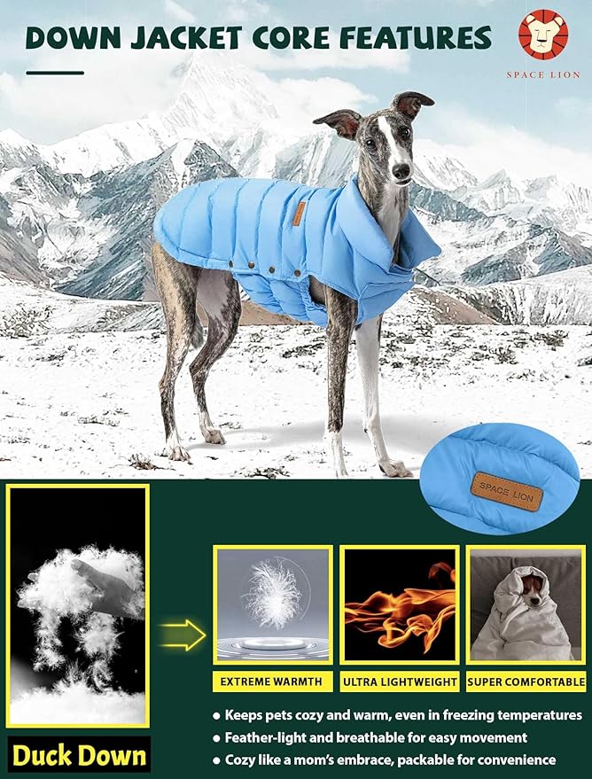 SPACE LION Puffer Jacket, Down Winter Coat, Durable Outdoor Coat for Cold and Windy Conditions, Waterproof, Windproof, Lightweight Jacket, Adjustable Fit for Small, Medium Dogs(Blue,M)