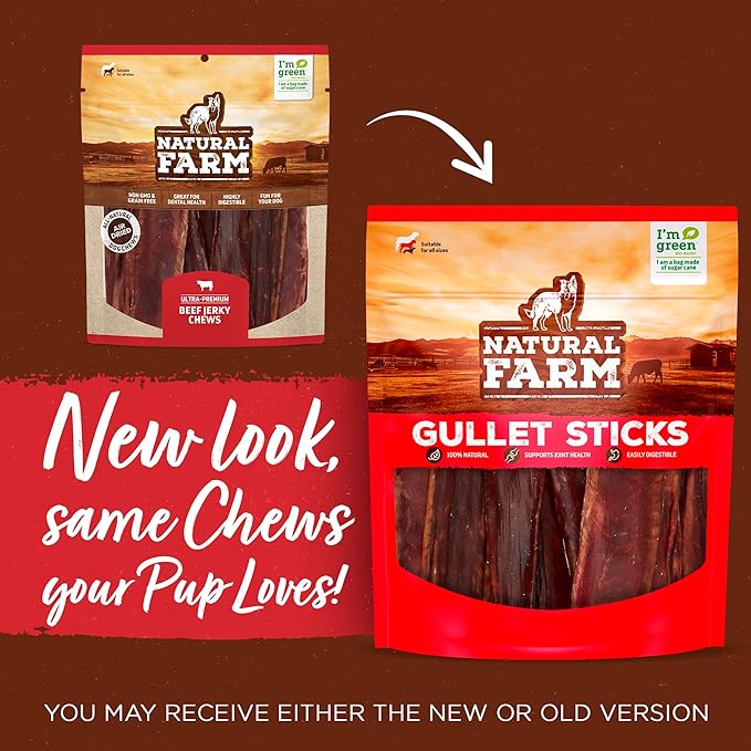 Natural Farm Beef Jerky Gullet Sticks Flat - 5-Inch (20-Pack), Grass-fed Beef, Glucosamine & Chondroitin, Rich Flavor, Highly Digestible, Chewy Yet Tender