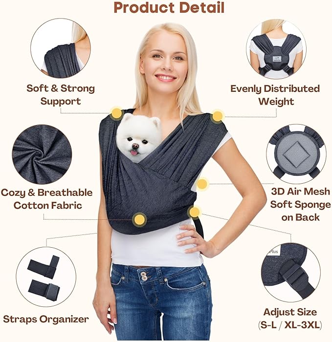 Dog Carrier for Small Dogs, Front Facing Dog Carrier Sling, Hands Free Cat Sling, Size Adjustable, Reducing Back Pain, Soft Cotton, Premium Dog Sling Carrier (Regular, Charcoal Black)