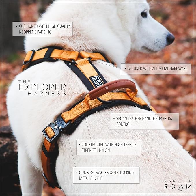 MADE TO ROAM Premium Explorer Harness - Y-Shaped Dog Harness with Adjustable Durable Nylon, Soft Padding, Metal Buckles and Leather Handle for Small, Medium, Large Dogs (Carolina Blooms, Size 5)