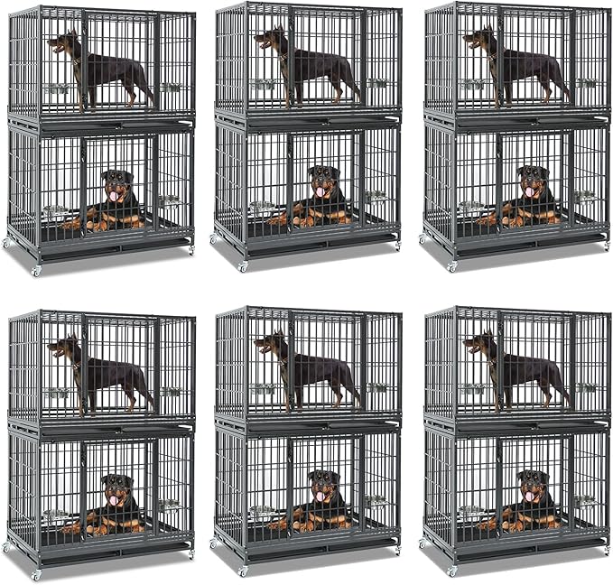 Homey Pet Two Tiers 48 Inch Heavy Duty Indestructible Dog Crate, Stackable Escape Proof Dog Cage Kennel Indoor with Two Removable Trays, Metal Grids, Wheels, Bowls, Double Doors for Large Dogs(6 Pack)