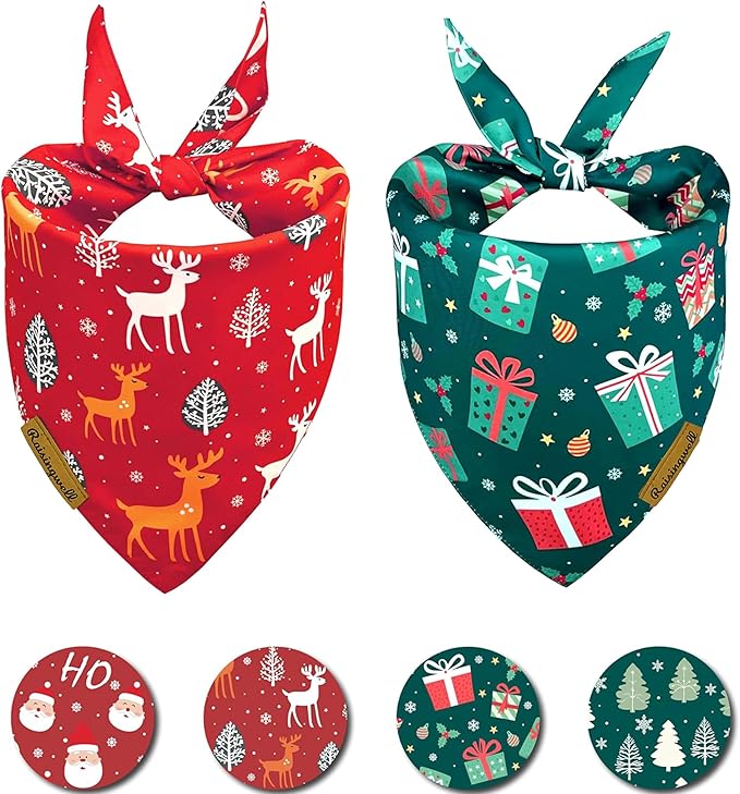Christmas Dog Bandanas 2 Pack, 4 Pattern Reversible Holiday Bandana for Boy and Girl, Dog Scarf for Medium and Large Breed Dogs | Chritmas Gift | Reindeer | Santa Claus | Tree |