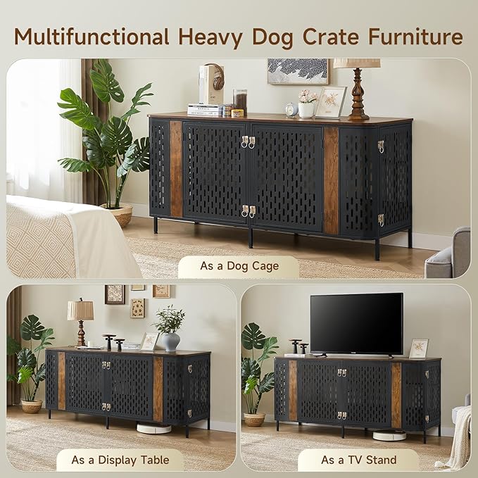 ONBRILL 71" Dog Crate Furniture for 2 Dogs, Indoor Heavy Duty Dog Crate with Removable Divider and 4 Doors, Escape Proof Pet Cage, XXL Thicken Wooden Kennel TV Stand for Medium Large Dogs,Brown
