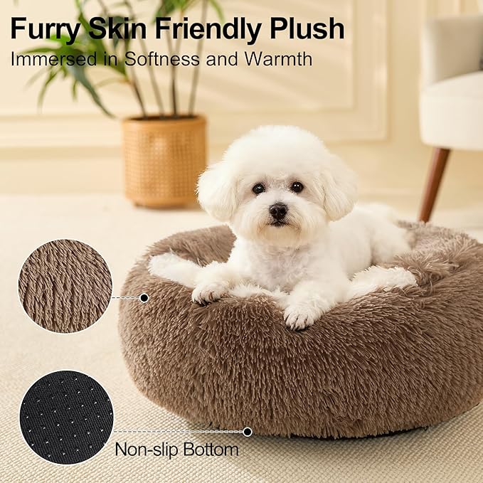 Calming Dog Beds & Cat Cave Bed with Hooded Cover,Removable Washable Round Beds for Small Medium Pets,Anti-Slip Faux Fur Fluffy Coved Bed for Improved Sleep,Fits up to 15/25 lbs(Khaki,M)