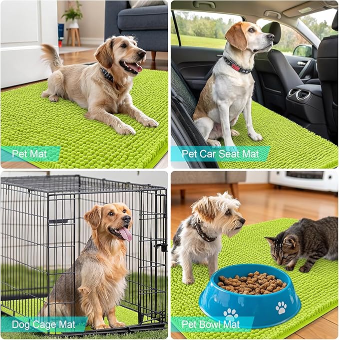 OLANLY Dog Door Mat for Muddy Paws 24x16, Absorbs Moisture and Dirt, Absorbent Non-Slip Washable Doormat, Quick Dry Chenille Mud Mat, Entry Indoor Entryway Carpet for Inside Floor, Bright Green