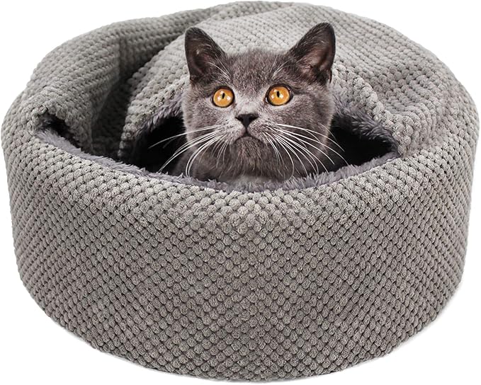 Winsterch Washable Cat Bed - Round Soft, Cozy & Warming for Indoor Cats. Calming Kitten Pet Bed. Small Pet Covered Cat Cave Beds (Gray,12.59 x 12.59 x 5.91 in)