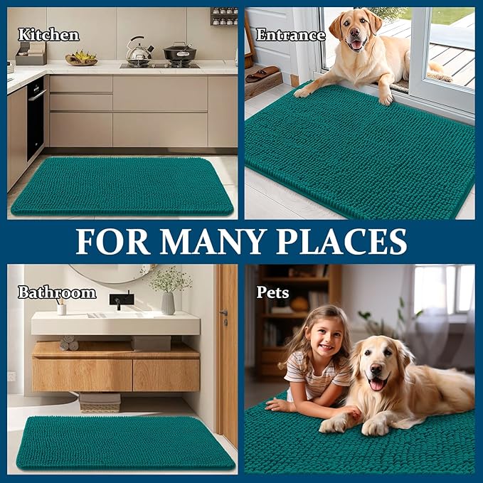 OLANLY Dog Door Mat for Muddy Paws 30x20, Absorbs Moisture and Dirt, Absorbent Non-Slip Washable Doormat, Quick Dry Chenille Mud Mat for Dogs, Entry Indoor Entryway Carpet for Inside Floor, Lake Blue