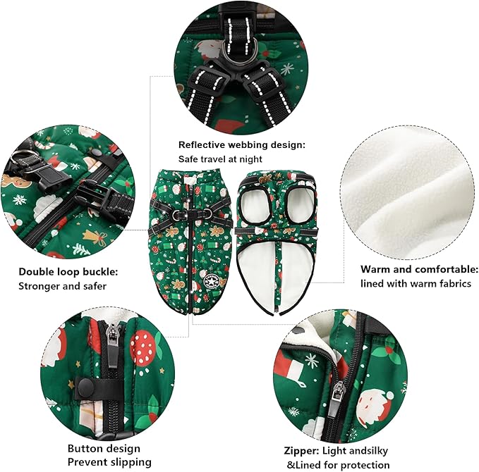 Aiboria Dog Jackets for Winter Windproof Waterproof Vest Fleece Warm Dogs Coat with Belt Christmas Green XL