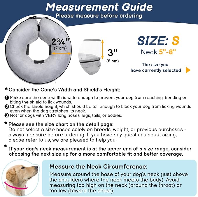 BARKLESS Inflatable Dog Cone, Protective Dog Surgery Collar to Stop Licking Biting Wounds, Patented Soft Donut Cone with Clear Shield, Adjustable Blow-up Collar for Surgery Recovery (Grey, S)