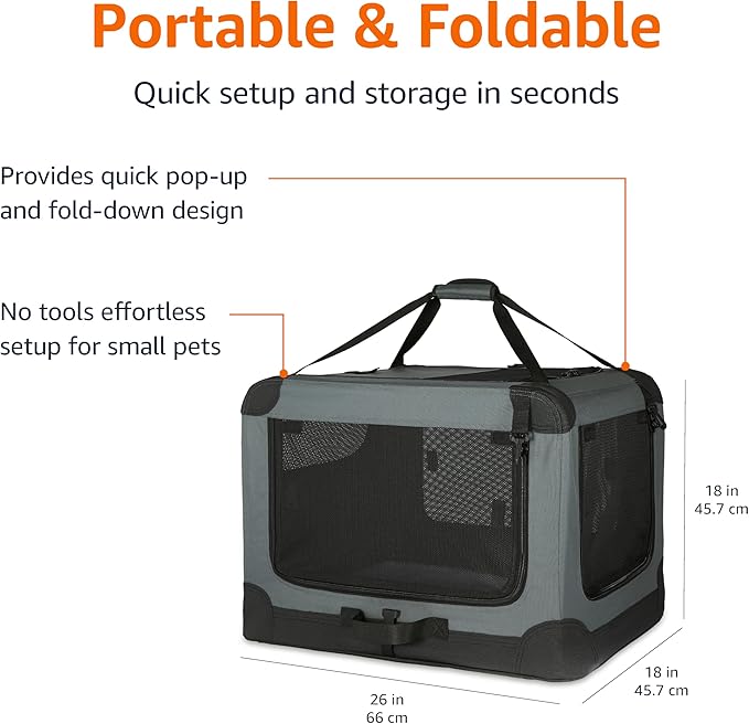 Amazon Basics 4-Doors Portable Soft-Sided Folding Travel Crate Kennel for cat, Dog, and Other Small Animals, Grey, S 26" x 18" x 18"